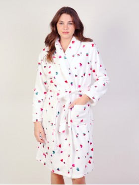 Strawberry Print Flannel House Robe W/ Pockets